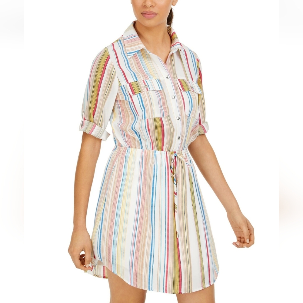 BeBop Juniors Striped Drawstring Roll Tab Sleeve Shirt Dress Size Small
